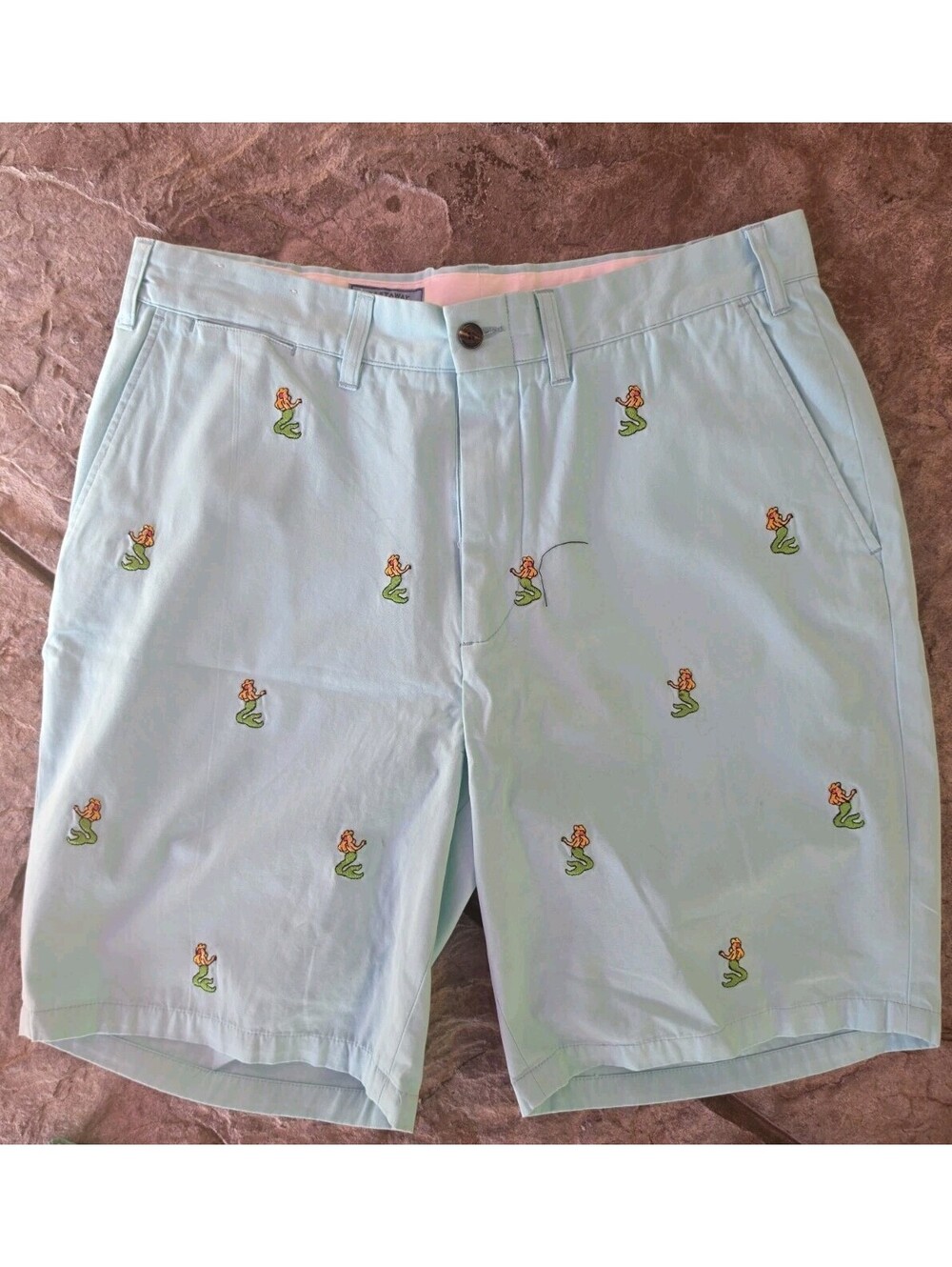 Castaway Nantucket Mens 34 Shorts Mermaid Embroidered Blue 10" Inseam Preppy